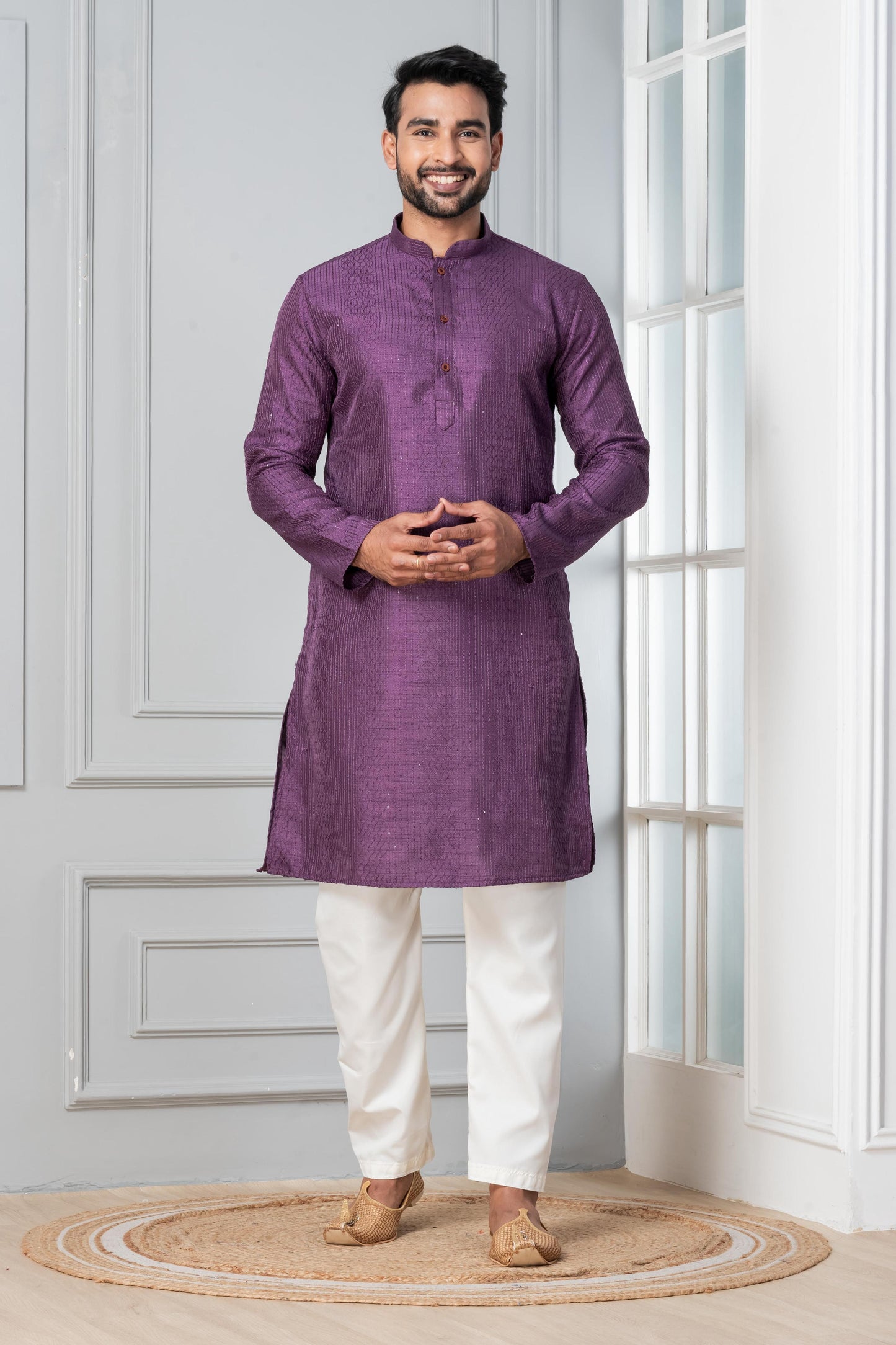 Zavaya Men Purple Embroidery Silk Kurta Pyjama Set