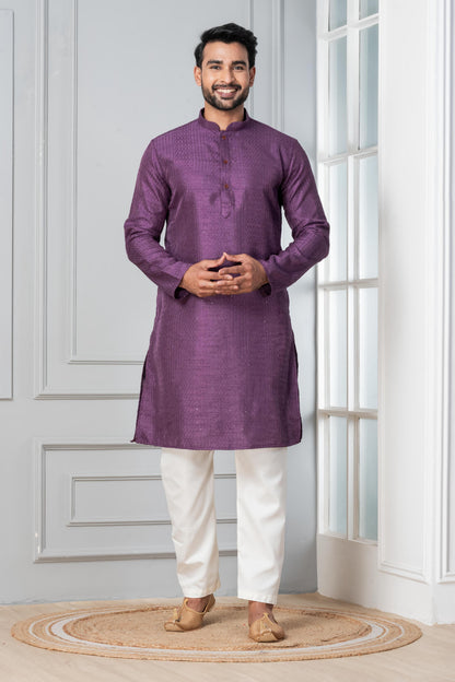 Zavaya Men Purple Embroidery Silk Kurta Pyjama Set