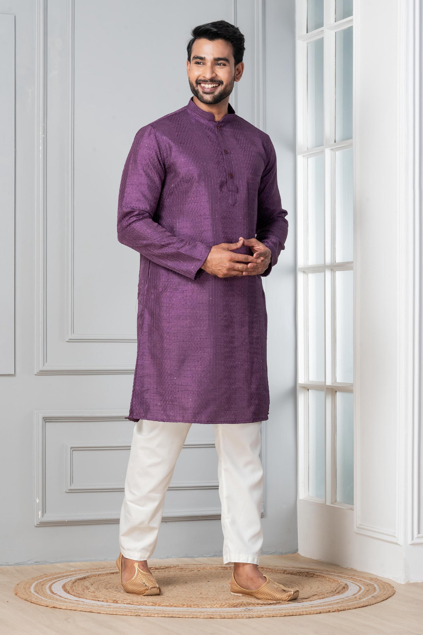 Zavaya Men Purple Embroidery Silk Kurta Pyjama Set