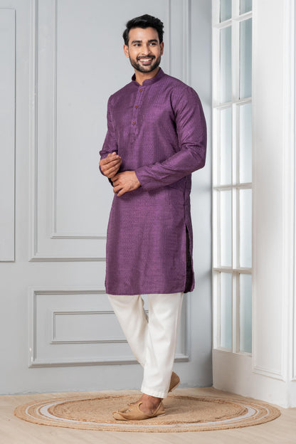 Zavaya Men Purple Embroidery Silk Kurta Pyjama Set