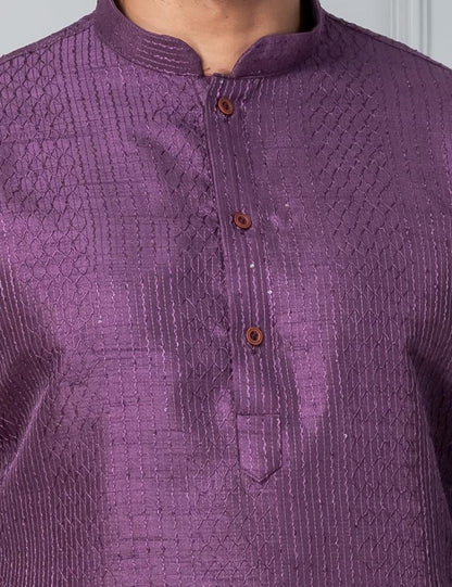 Zavaya Men Purple Embroidery Silk Kurta Pyjama Set