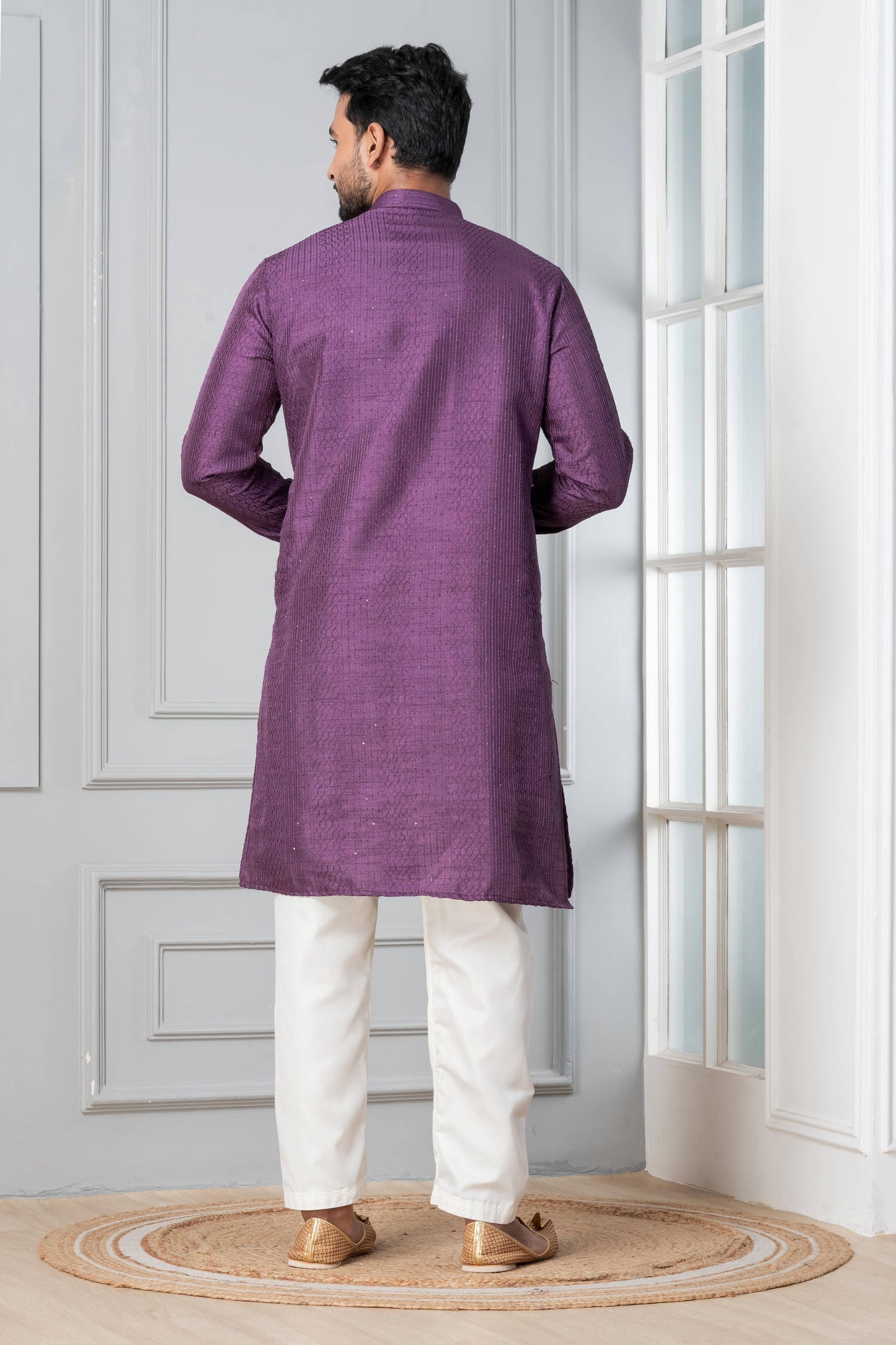 Zavaya Men Purple Embroidery Silk Kurta Pyjama Set