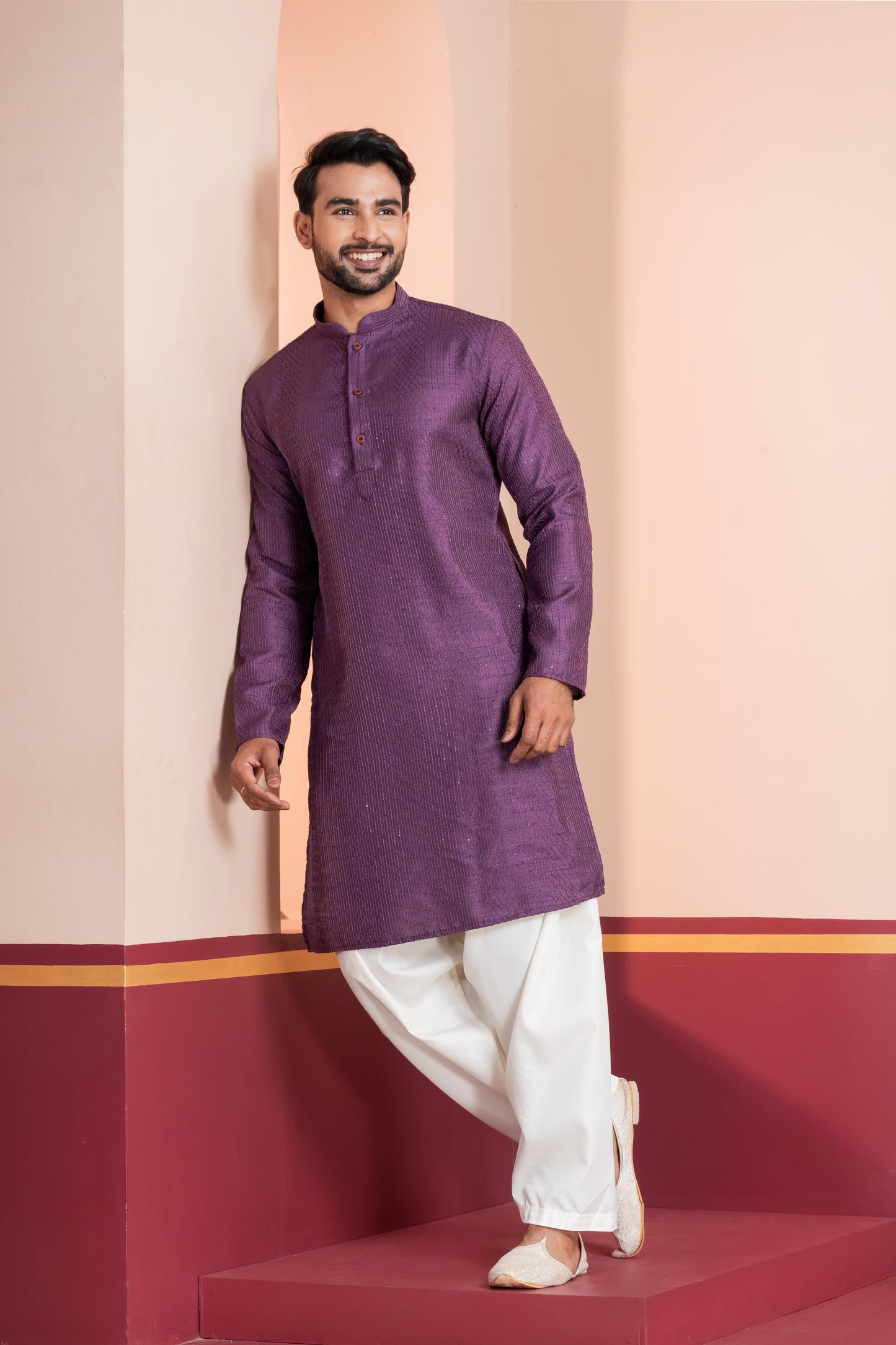 Zavaya Men Purple Embroidery Silk Kurta Patiala Set