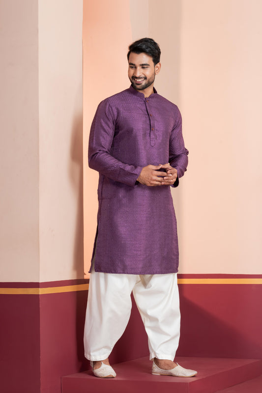 Zavaya Men Purple Embroidery Silk Kurta Patiala Set