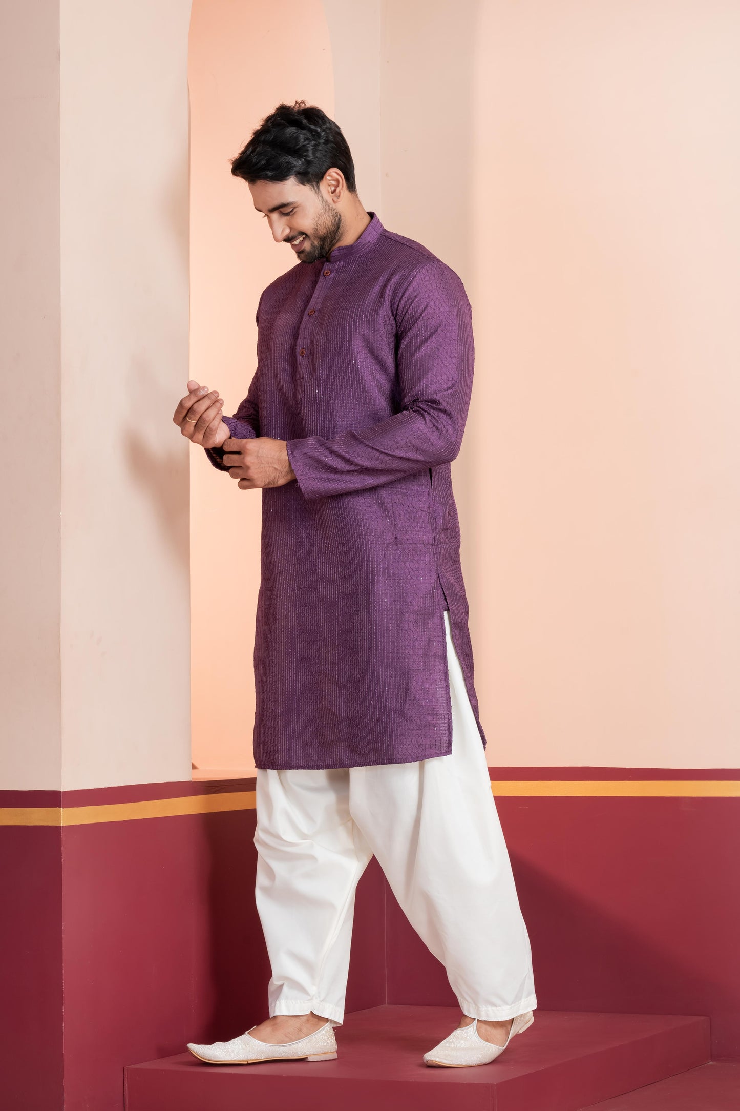 Zavaya Men Purple Embroidery Silk Kurta Patiala Set