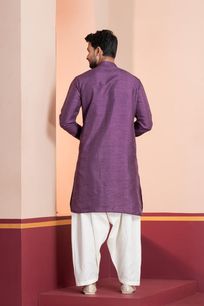 Zavaya Men Purple Embroidery Silk Kurta Patiala Set