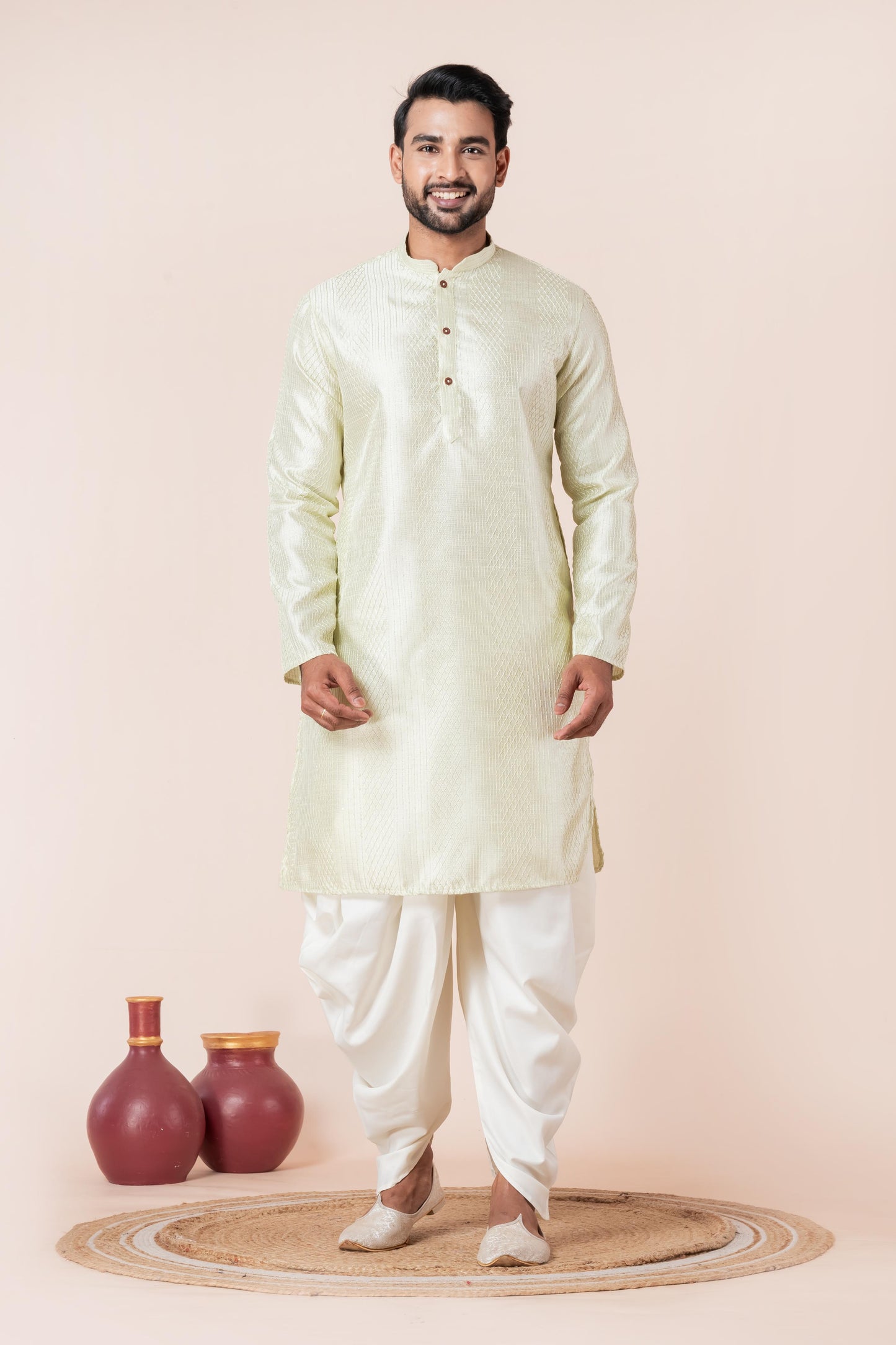 Zavaya Men Green Embroidery Silk Kurta Dhoti Set