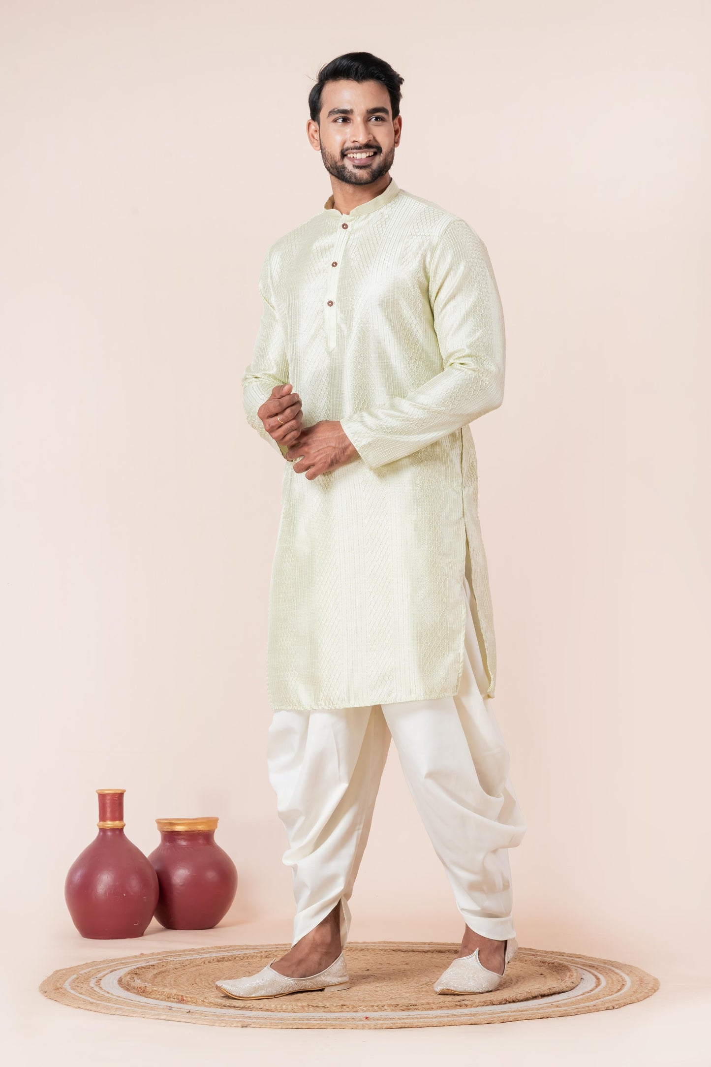 Zavaya Men Green Embroidery Silk Kurta Dhoti Set