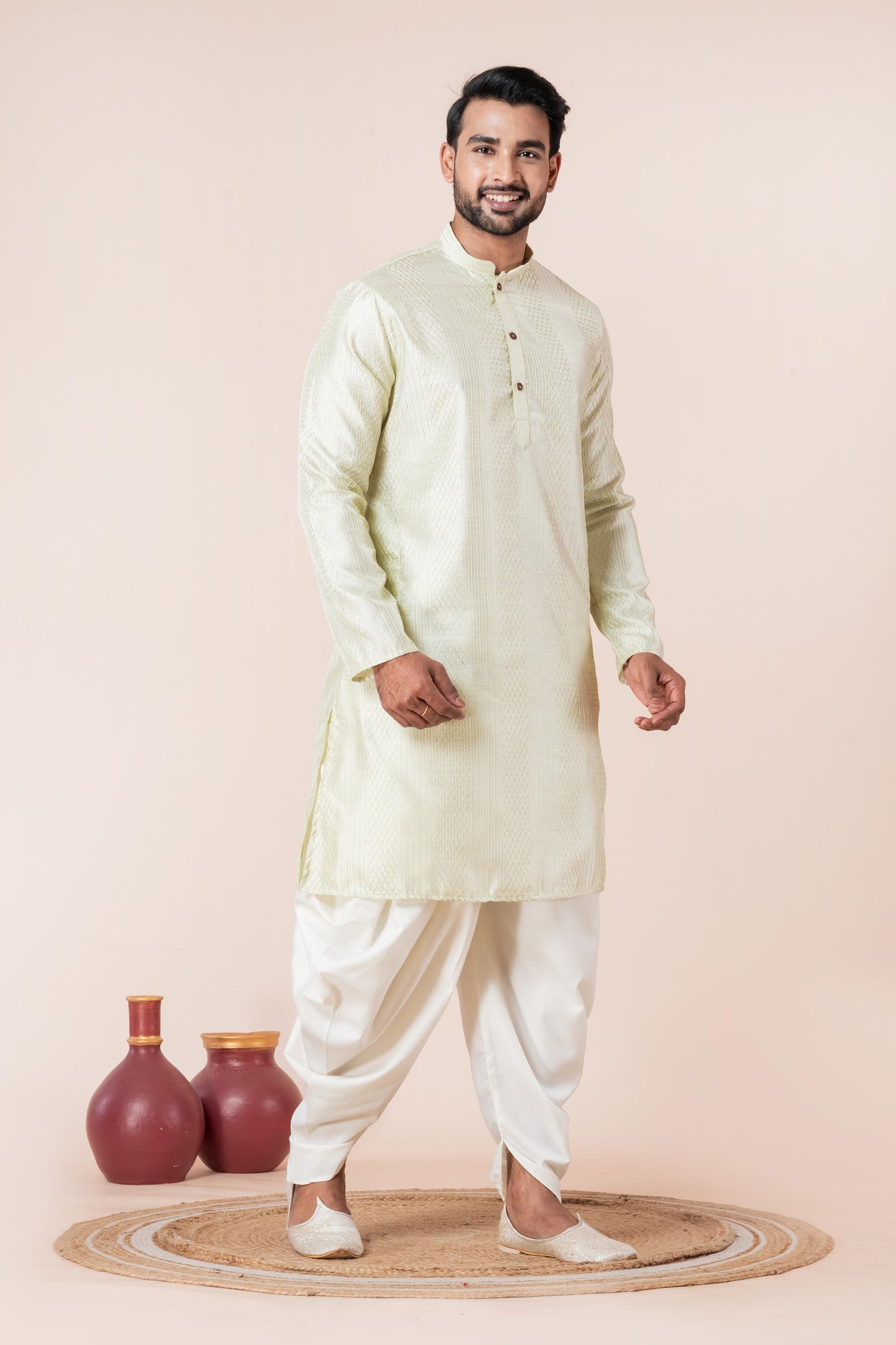 Zavaya Men Green Embroidery Silk Kurta Dhoti Set