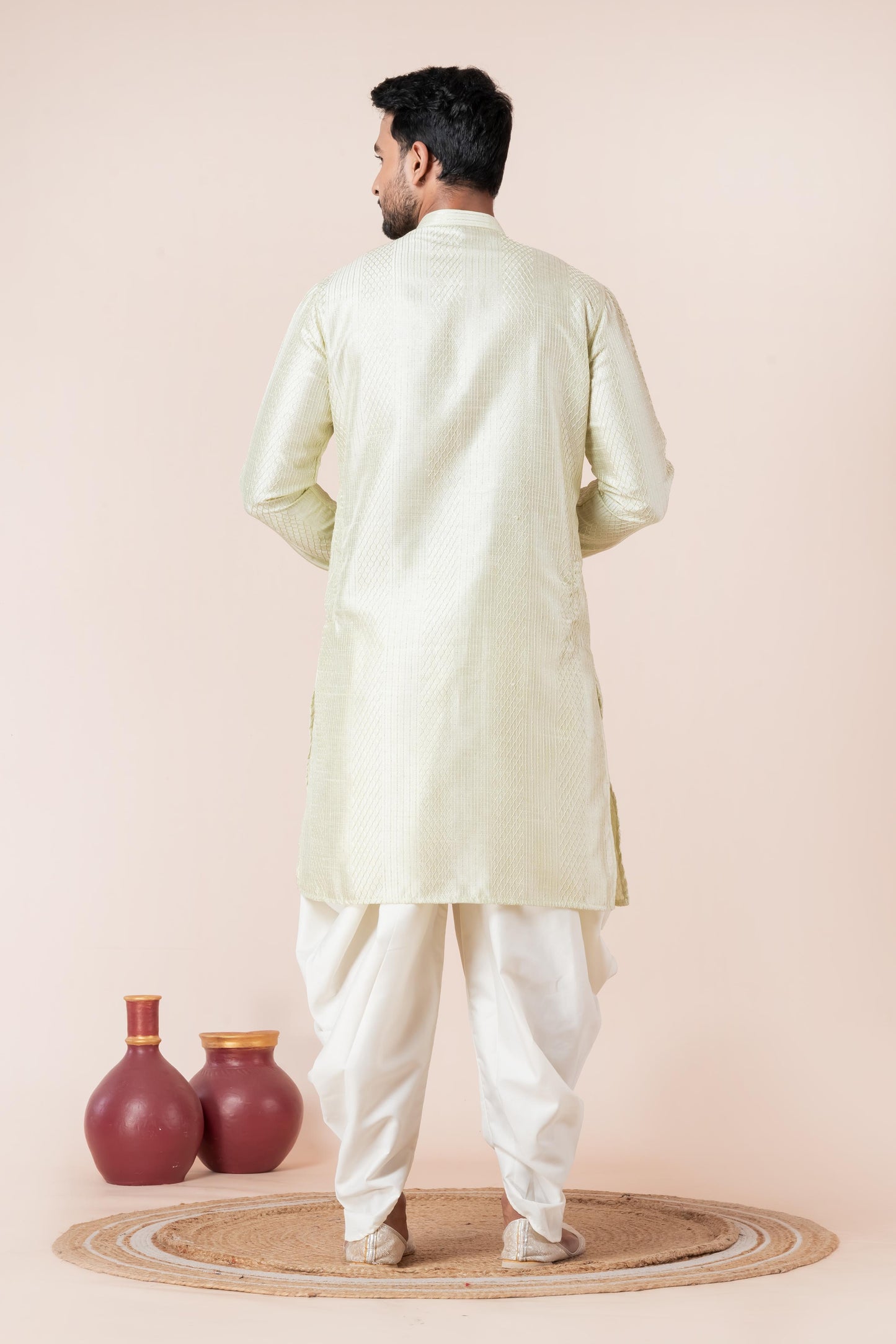 Zavaya Men Green Embroidery Silk Kurta Dhoti Set