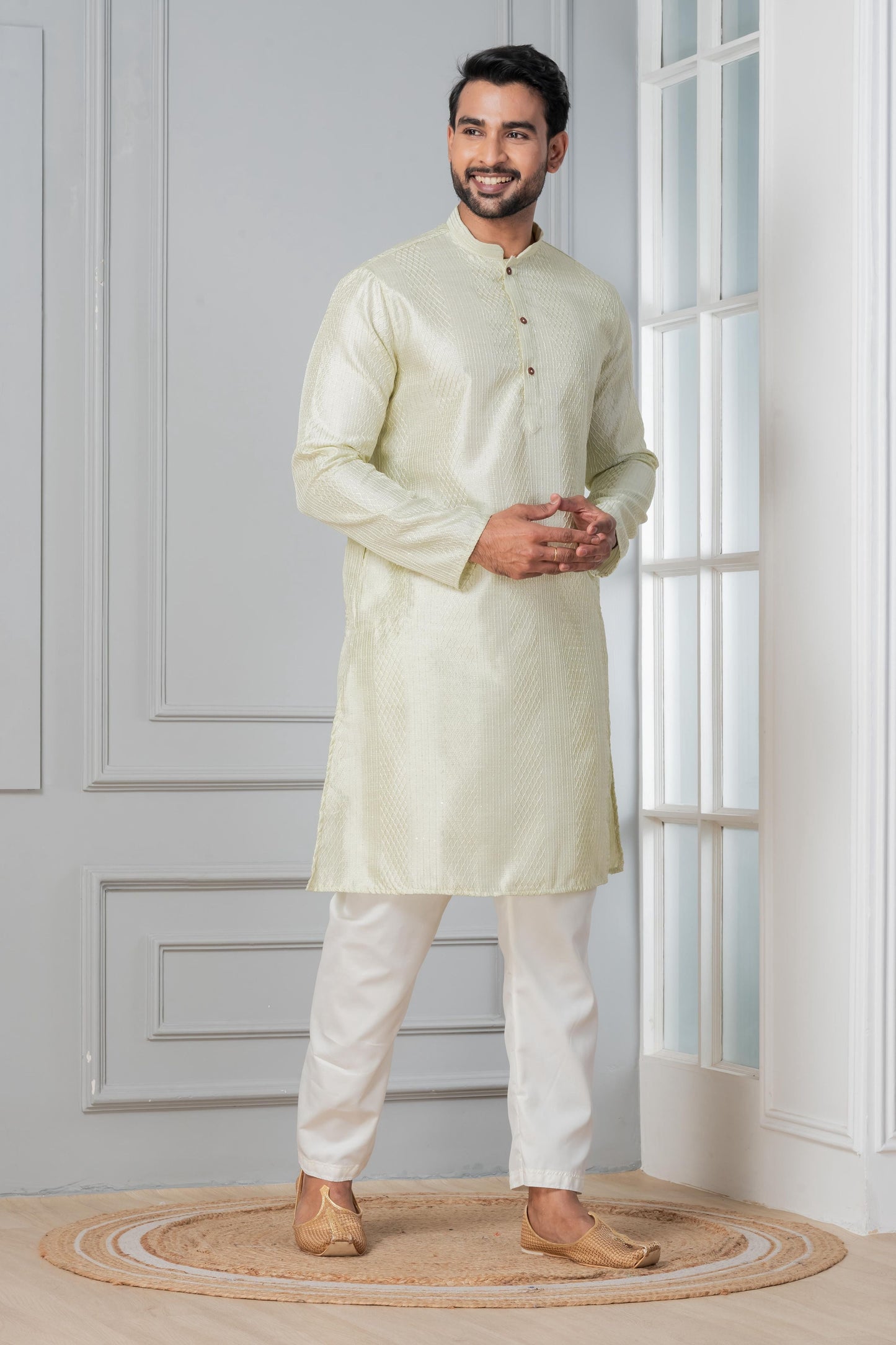 Zavaya Men Green Embroidery Silk Kurta Pyjama Set