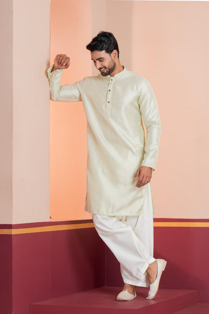 Zavaya Men Green Embroidery Silk Kurta Patiala Set