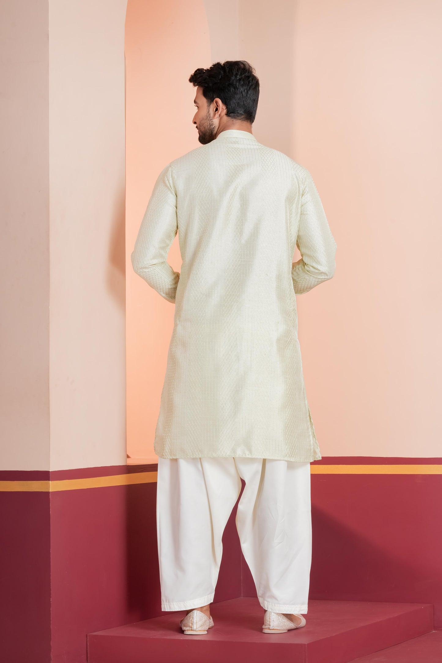Zavaya Men Green Embroidery Silk Kurta Patiala Set