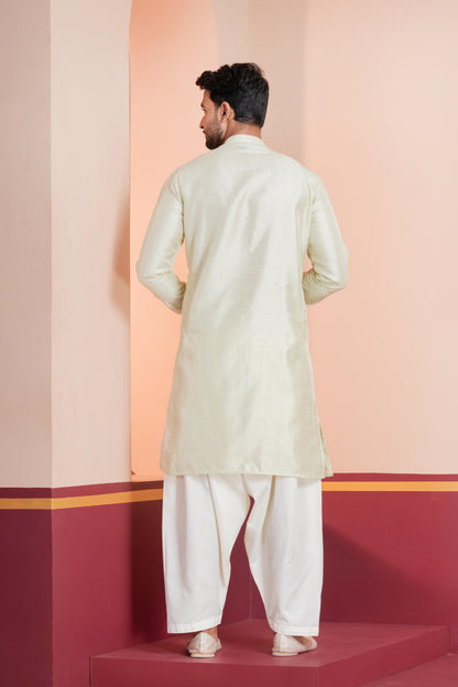 Zavaya Men Green Embroidery Silk Kurta Patiala Set