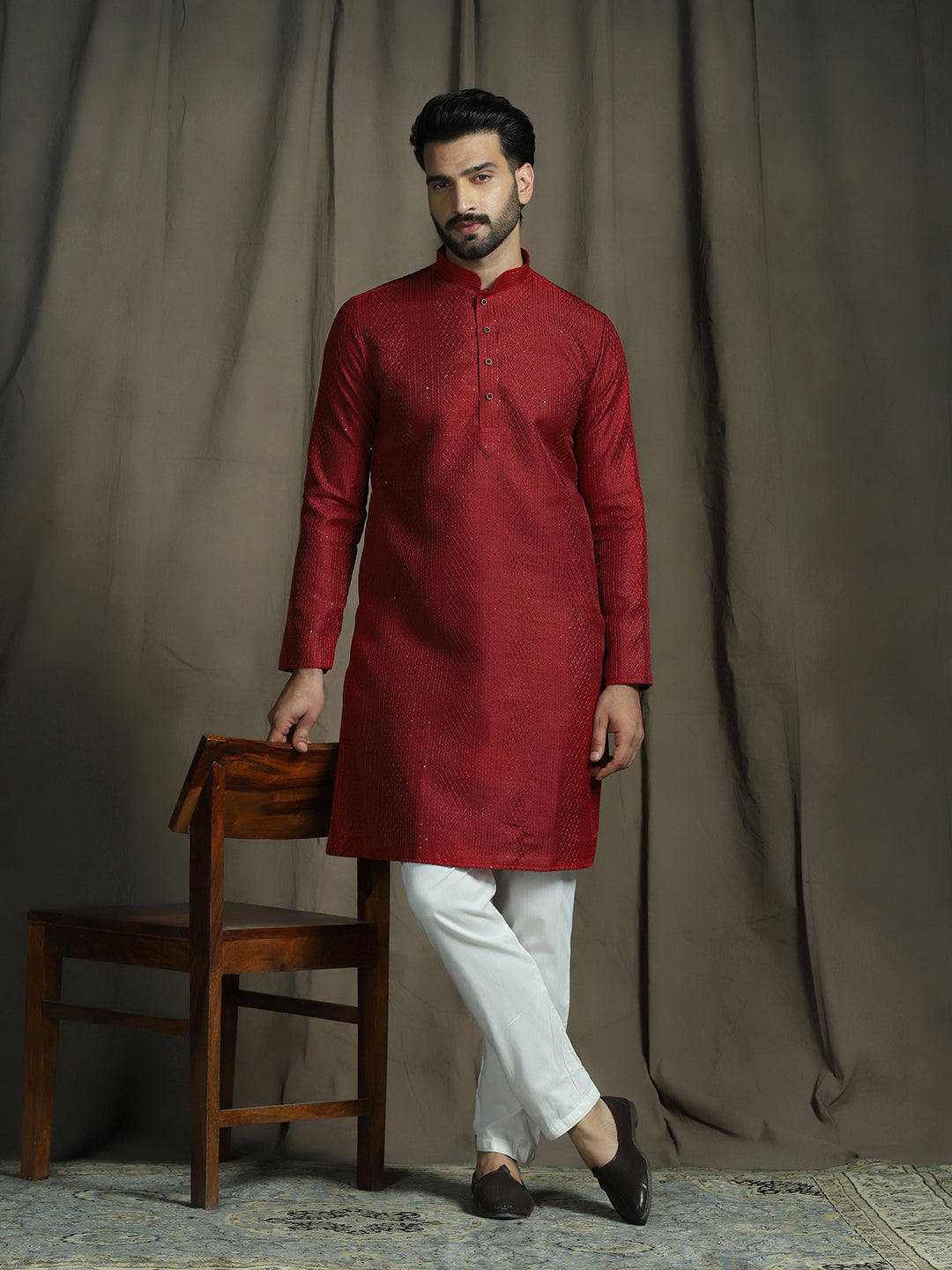 Zavaya Red Embroidery Silk Blend Kurta Pyjama Set for Men
