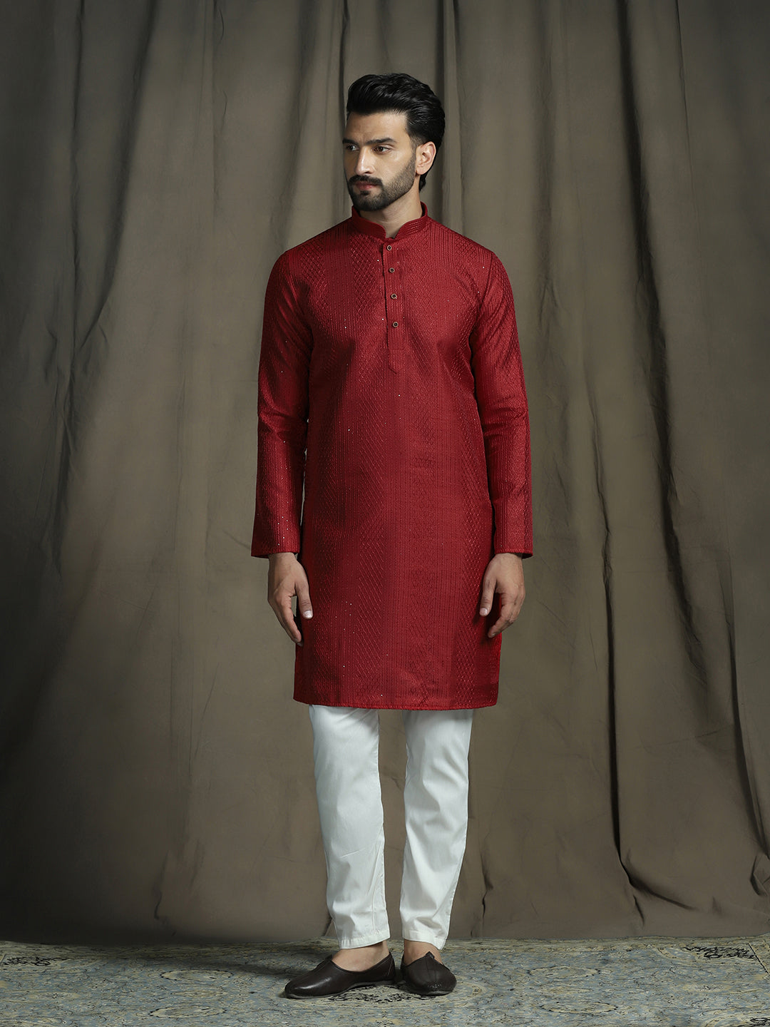 Zavaya Red Embroidery Silk Blend Kurta Pyjama Set for Men