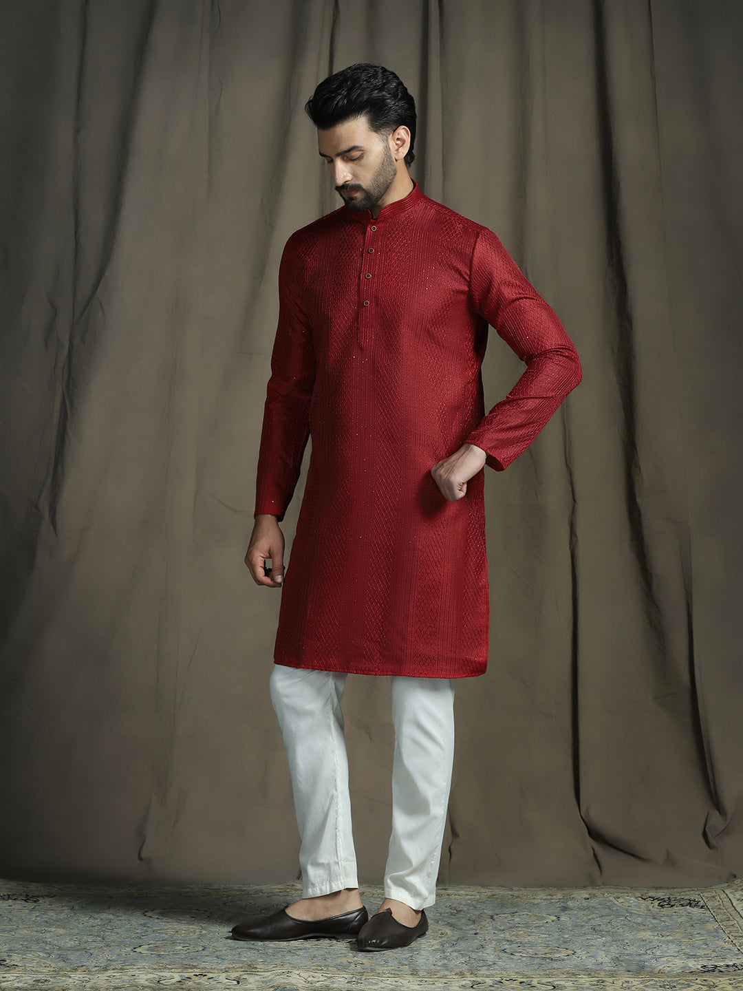 Zavaya Red Embroidery Silk Blend Kurta Pyjama Set for Men