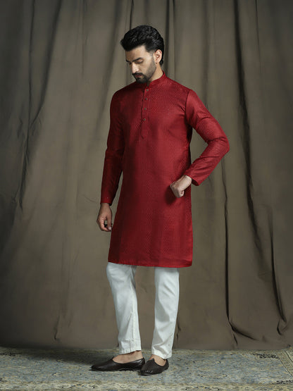 Zavaya Red Embroidery Silk Blend Kurta Pyjama Set for Men