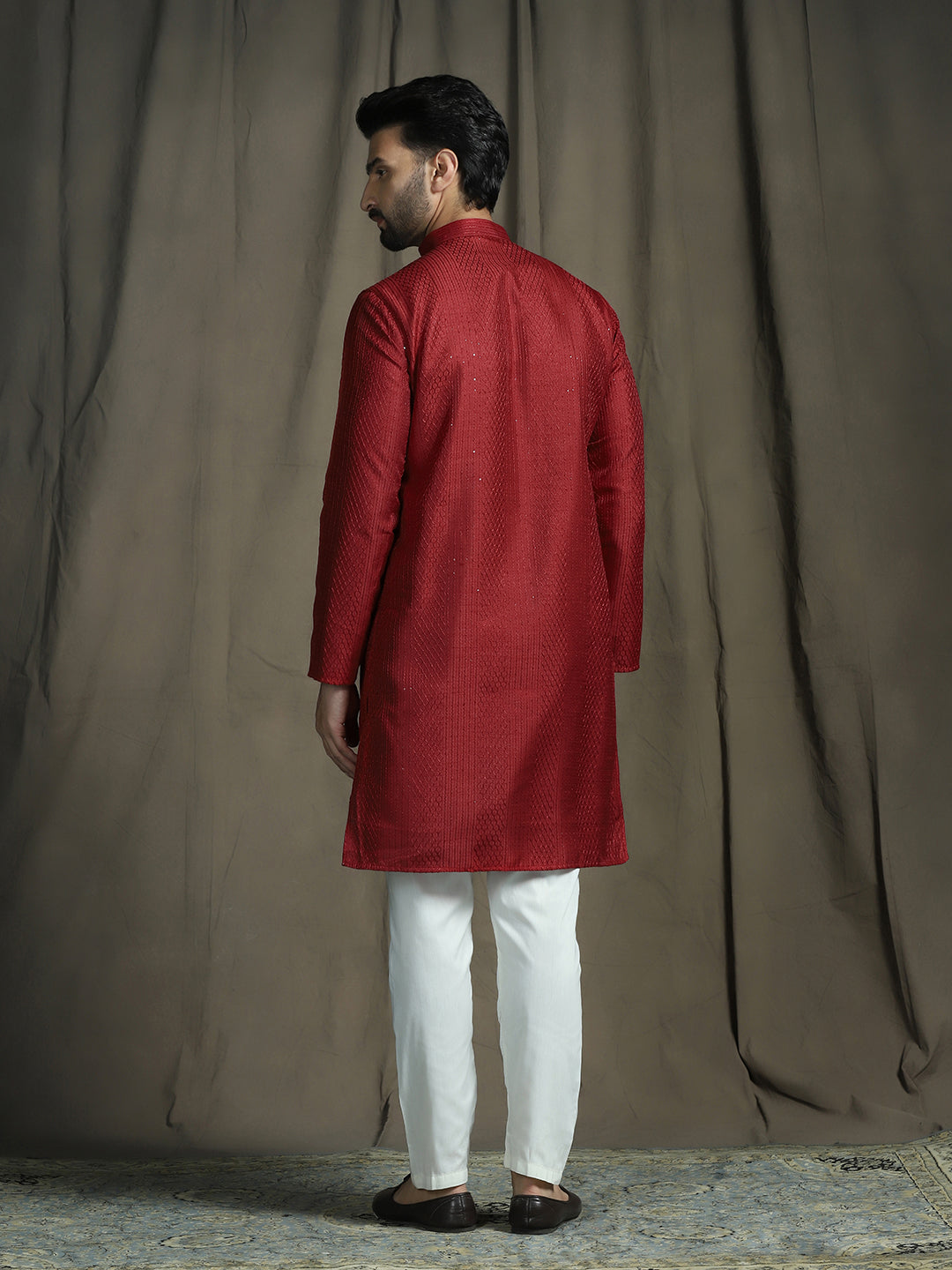 Zavaya Red Embroidery Silk Blend Kurta Pyjama Set for Men