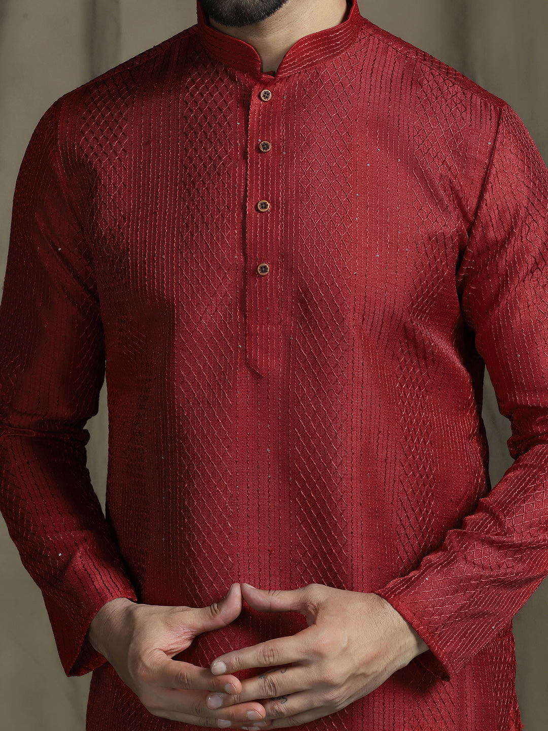 Zavaya Men Red Embroidery Silk Kurta for Men
