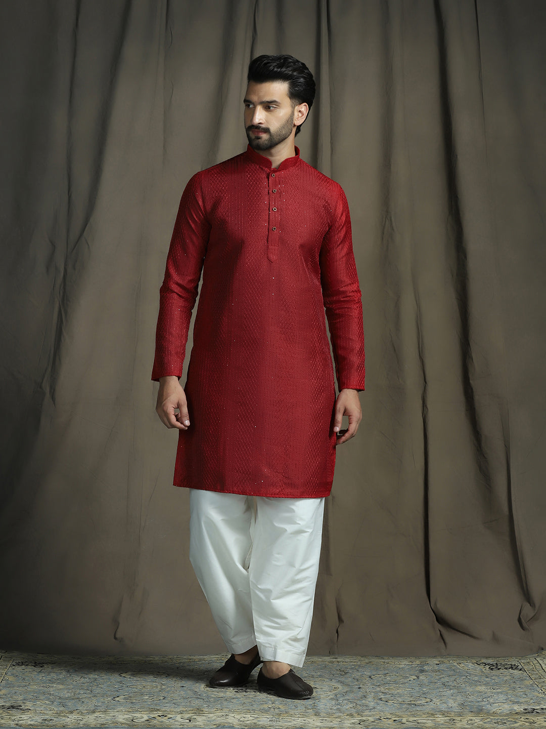 Zavaya Red Embroidery Silk Blend Kurta Patiala Set for Men