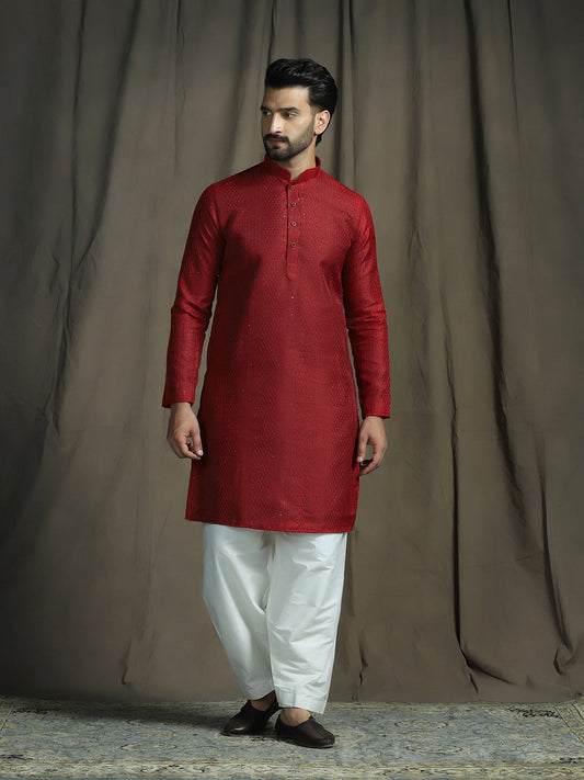 Zavaya Red Embroidery Silk Blend Kurta Patiala Set for Men