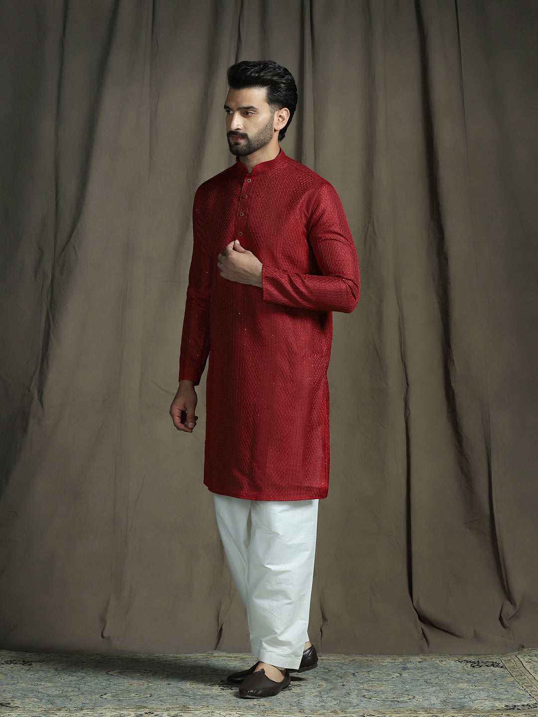 Zavaya Red Embroidery Silk Blend Kurta Patiala Set for Men