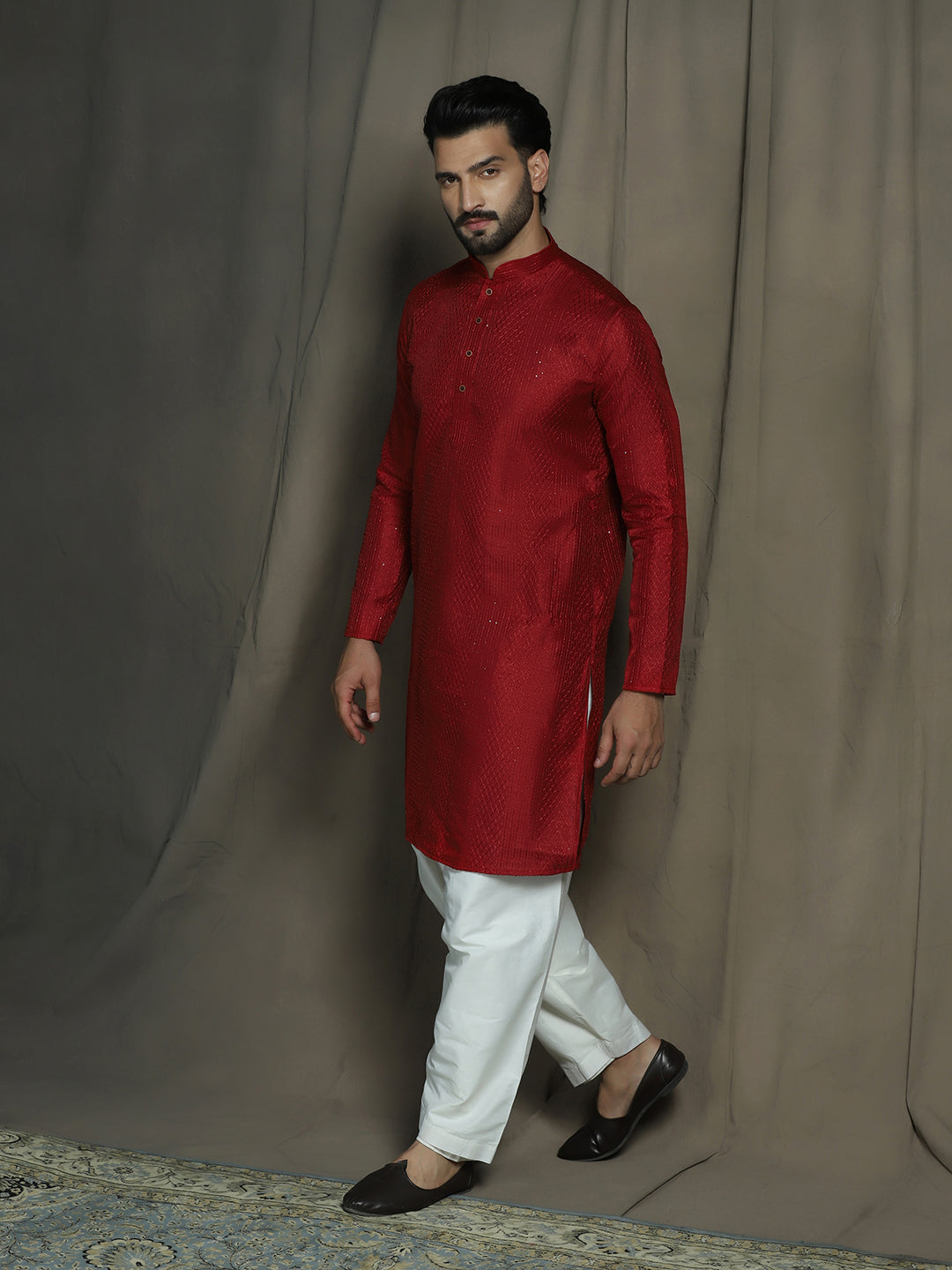 Zavaya Red Embroidery Silk Blend Kurta Patiala Set for Men