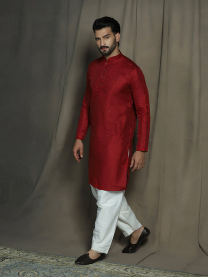 Zavaya Red Embroidery Silk Blend Kurta Patiala Set for Men