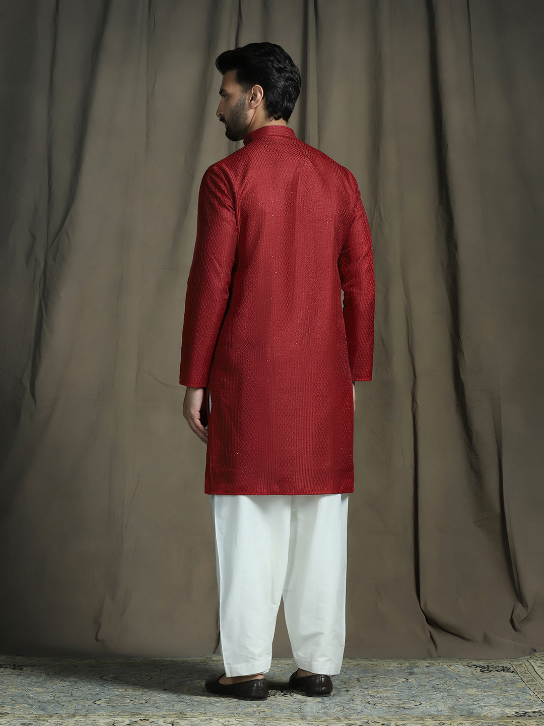 Zavaya Red Embroidery Silk Blend Kurta Patiala Set for Men