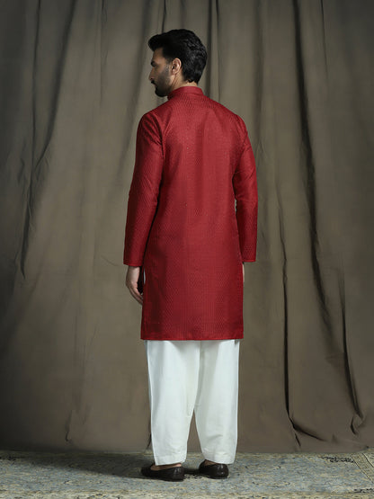 Zavaya Red Embroidery Silk Blend Kurta Patiala Set for Men