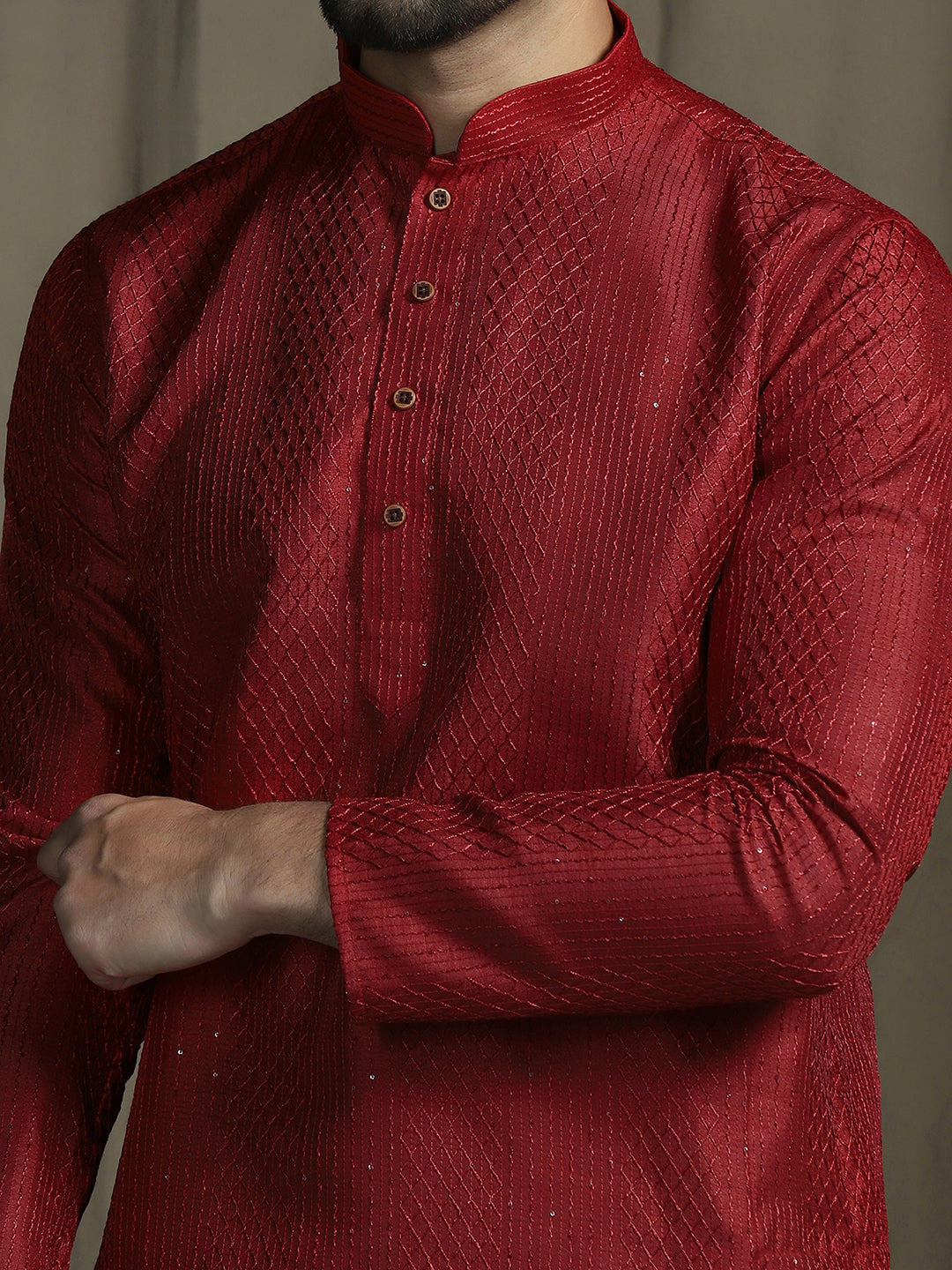 Zavaya Red Embroidery Silk Blend Kurta Patiala Set for Men