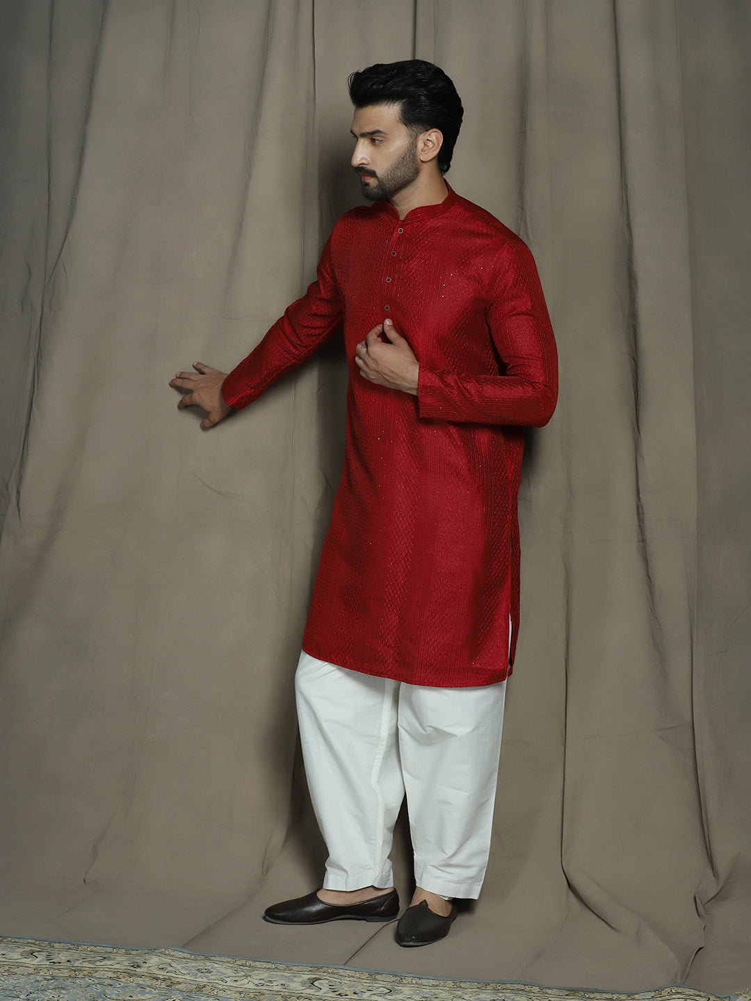 Zavaya Red Embroidery Silk Blend Kurta Patiala Set for Men