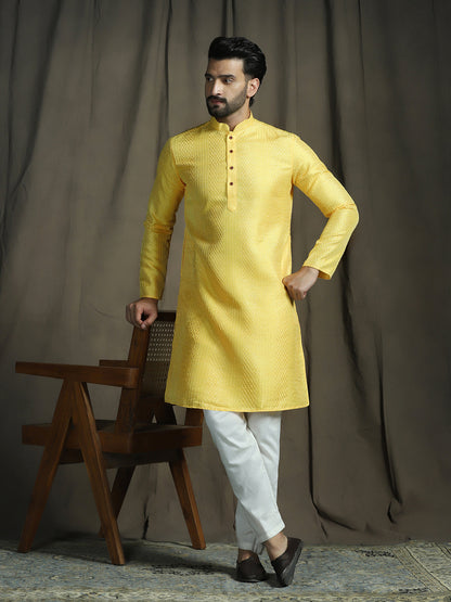 Zavaya Men Yellow Embroidery Silk Kurta
