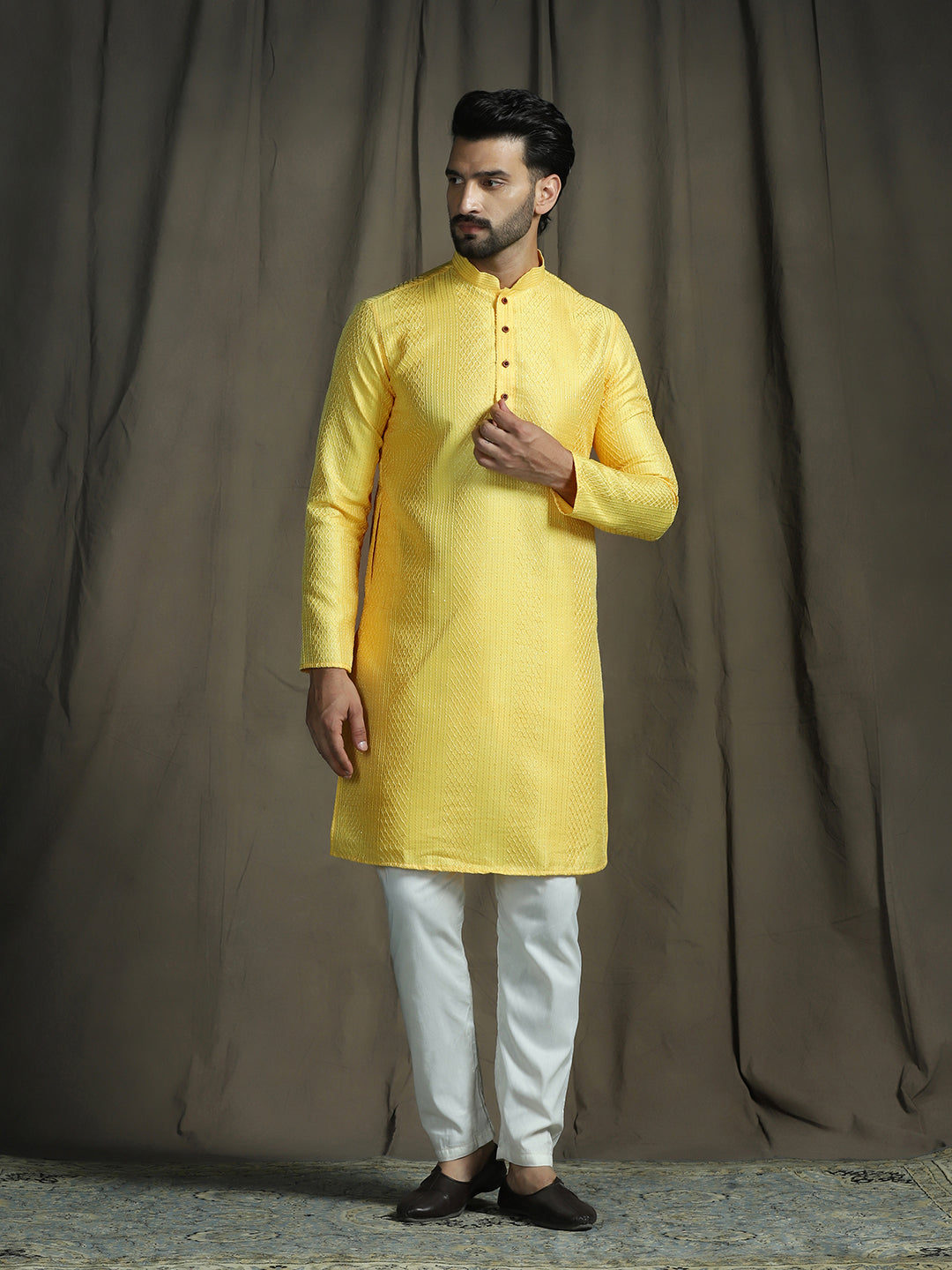 Zavaya Men Yellow Embroidery Silk Kurta