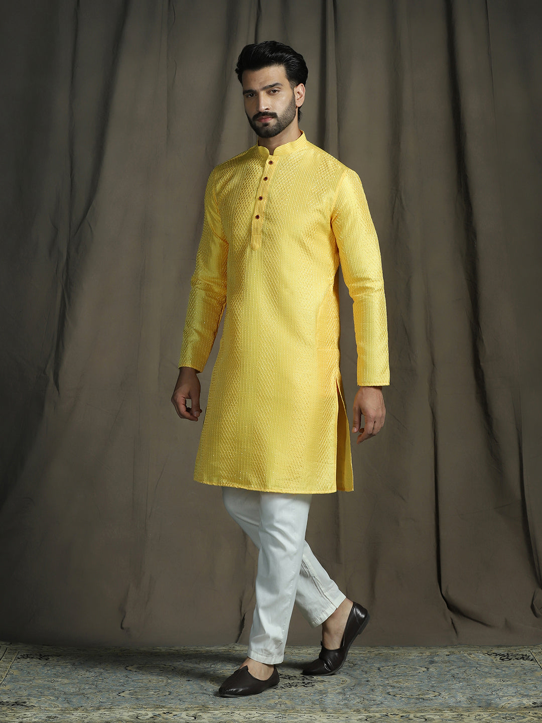 Zavaya Men Yellow Embroidery Silk Kurta