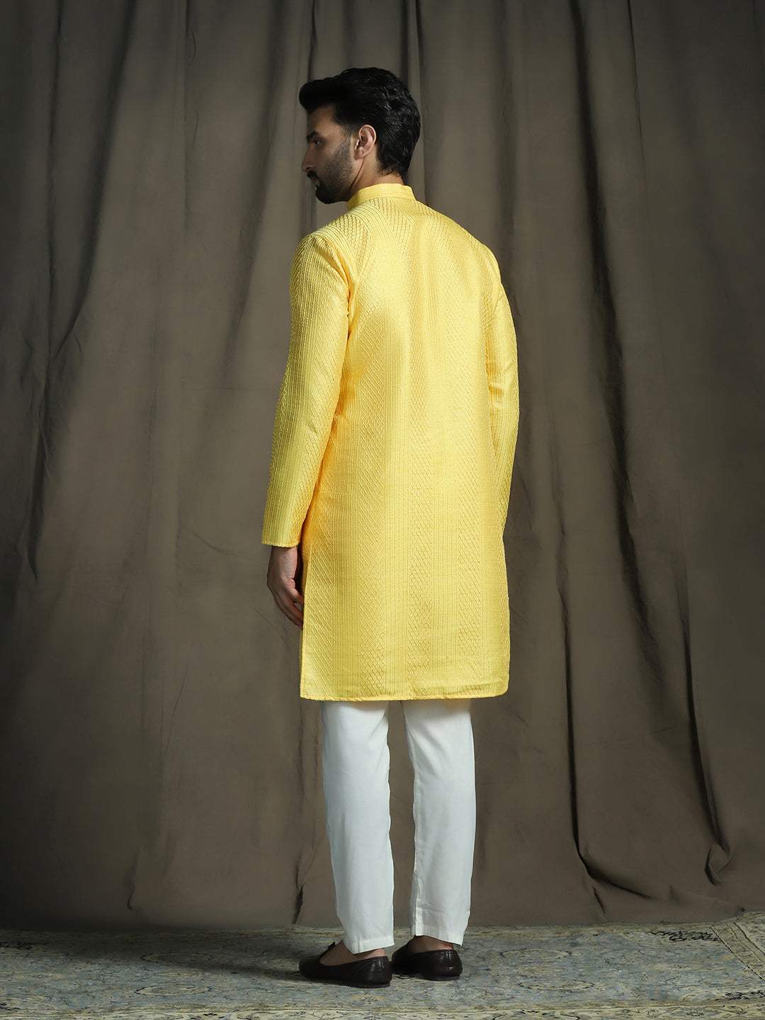Zavaya Yellow Embroidery Silk Blend Kurta Pyjama Set for Men