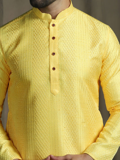 Zavaya Yellow Embroidery Silk Blend Kurta Pyjama Set for Men