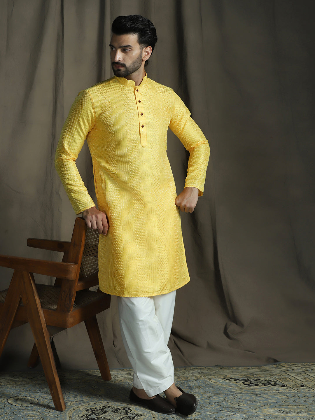 Zavaya Yellow Embroidery Silk Blend Kurta Patiala Set for Men