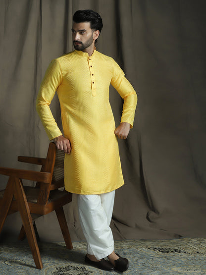 Zavaya Yellow Embroidery Silk Blend Kurta Patiala Set for Men