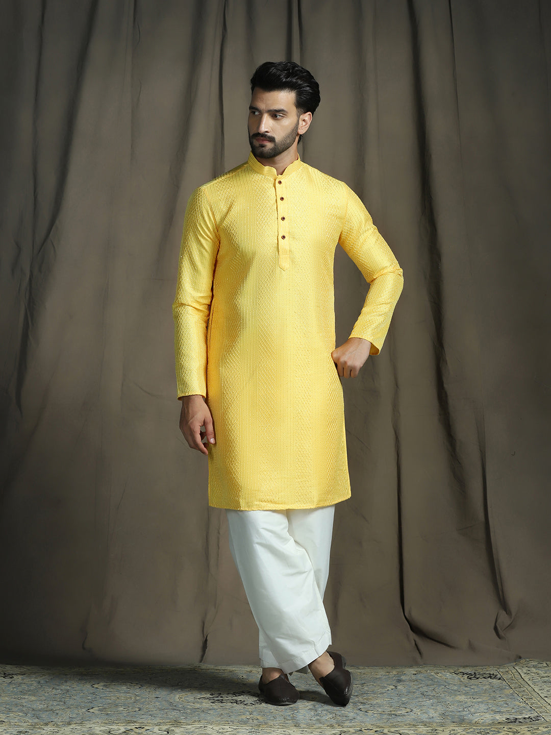 Zavaya Yellow Embroidery Silk Blend Kurta Patiala Set for Men