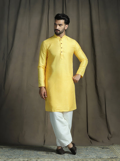 Zavaya Yellow Embroidery Silk Blend Kurta Patiala Set for Men
