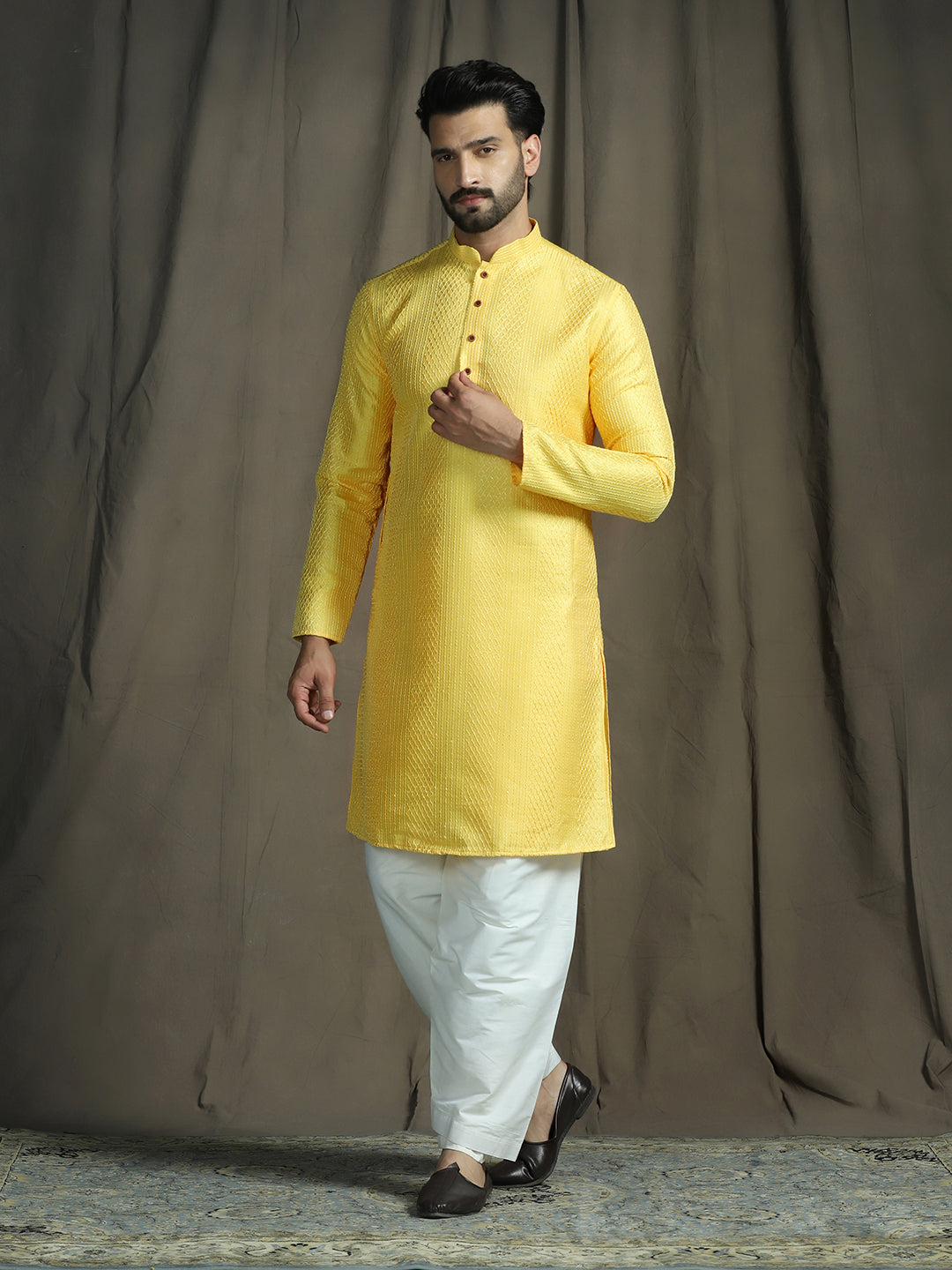 Zavaya Yellow Embroidery Silk Blend Kurta Patiala Set for Men