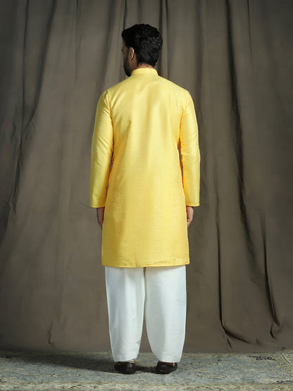 Zavaya Yellow Embroidery Silk Blend Kurta Patiala Set for Men