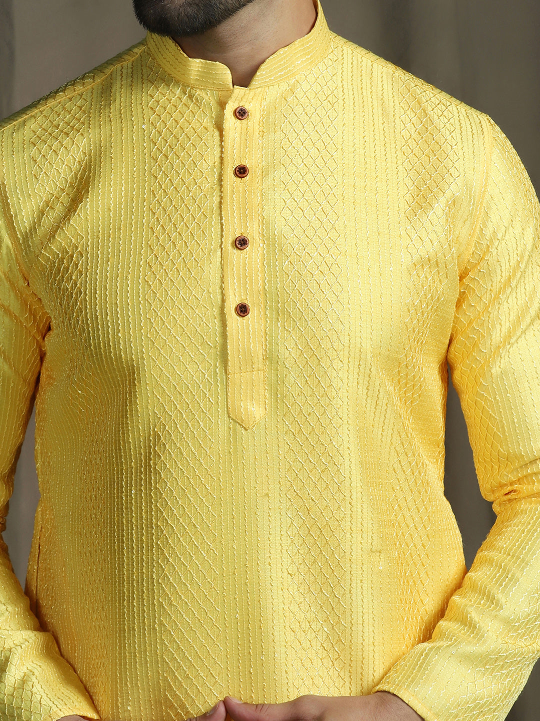 Zavaya Yellow Embroidery Silk Blend Kurta Patiala Set for Men