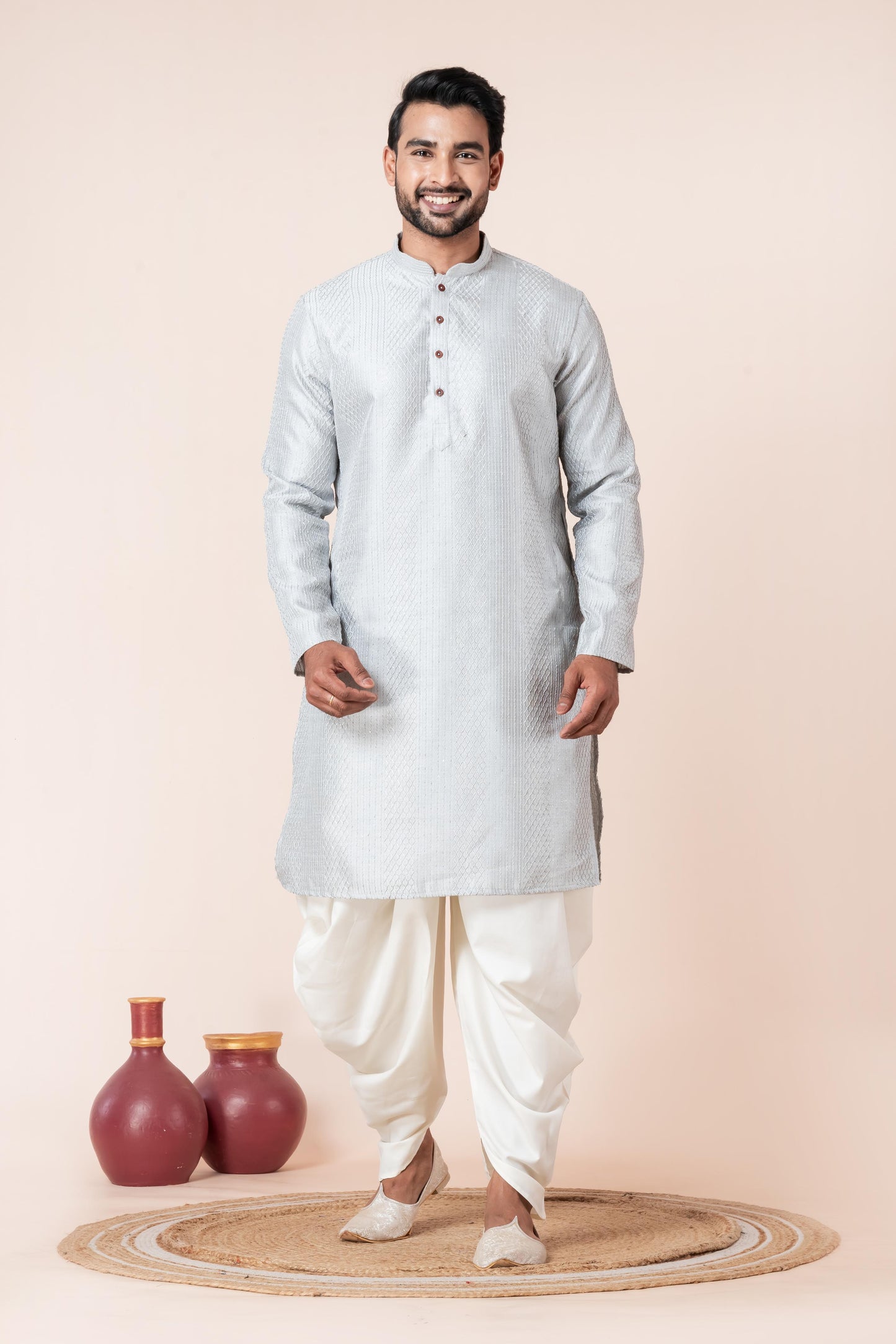 Zavaya Men Grey Embroidery Silk Kurta Dhoti Set