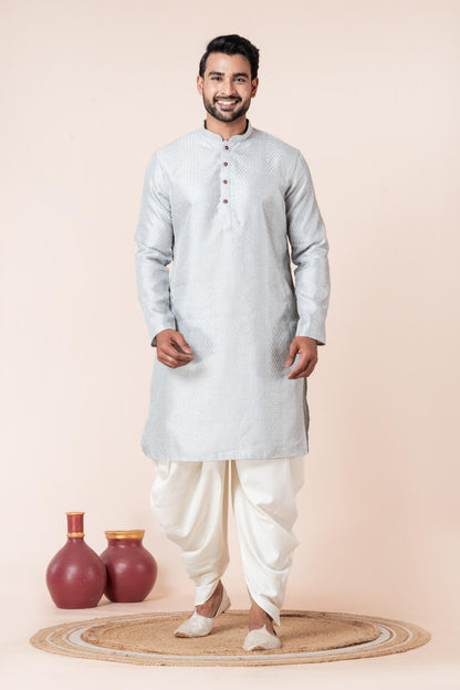 Zavaya Men Grey Embroidery Silk Kurta Dhoti Set