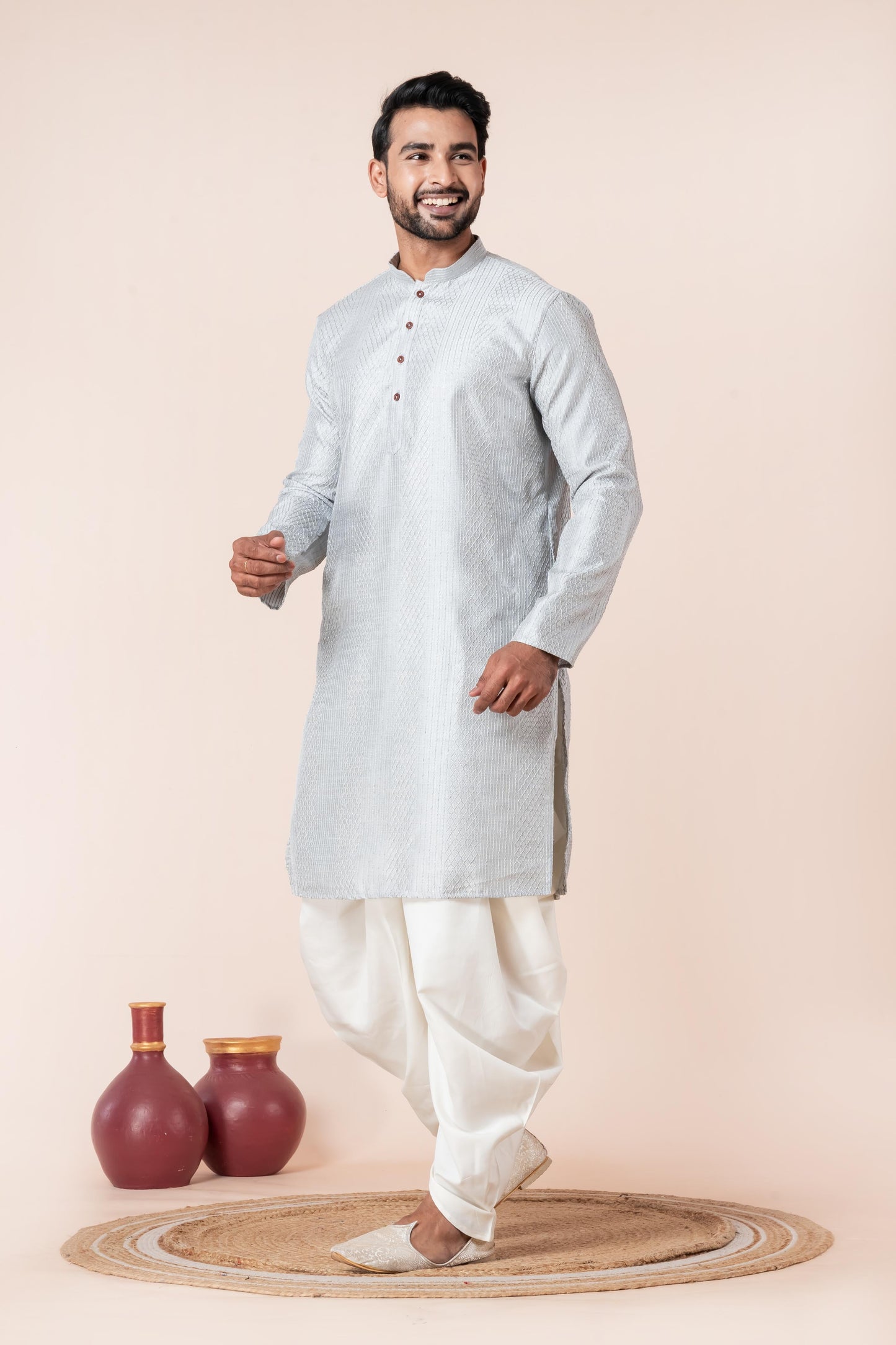 Zavaya Men Grey Embroidery Silk Kurta Dhoti Set