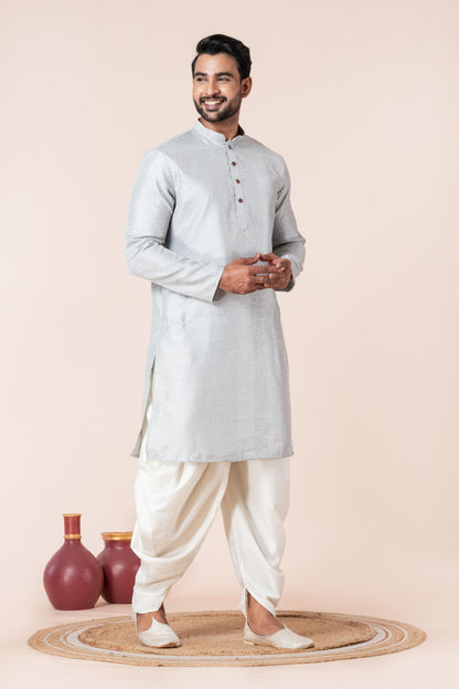 Zavaya Men Grey Embroidery Silk Kurta Dhoti Set