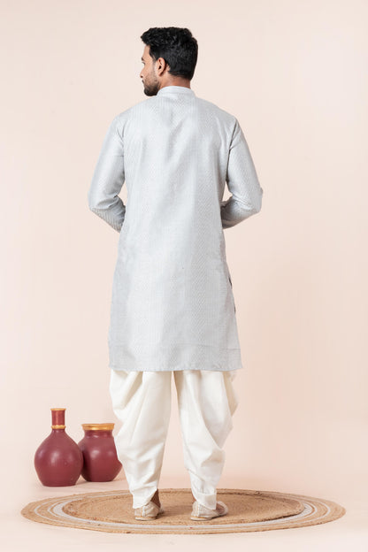 Zavaya Men Grey Embroidery Silk Kurta Dhoti Set